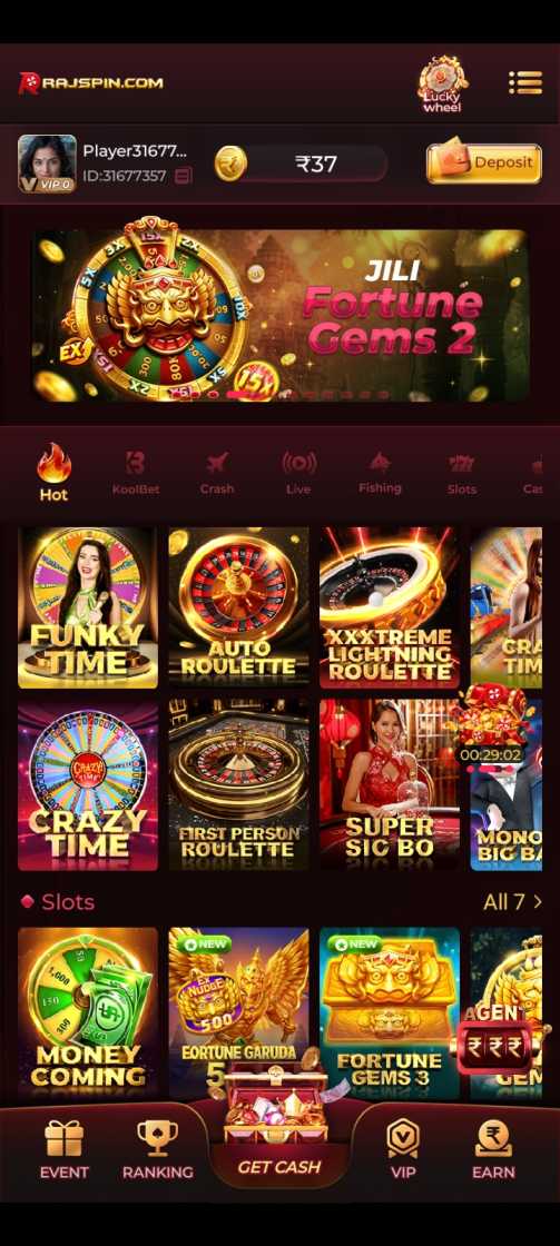 Rajspin App mobile interface showing gaming platform features